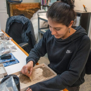 Associate Curator Emma Derry picks through tiny material from Pit 1 caught by a 1mm screen.