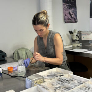 Conservation Intern Amanda Arcidiacono conserves a window lead.