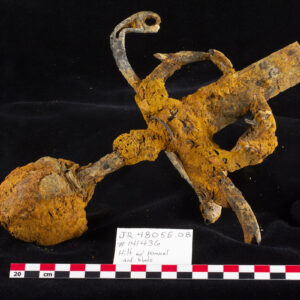 A sword excavated from the Governor's Well. This is one of only two examples in the Jamestown collection to have a pommel, handle, hilt, and partial blade.