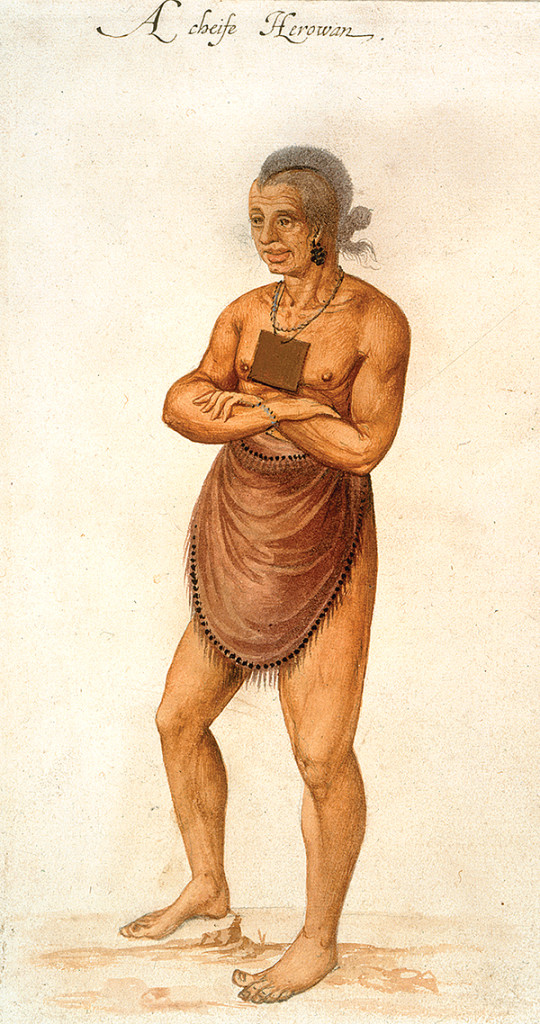 Artistic illustration of a Native American man wearing a necklace of a square piece of copper