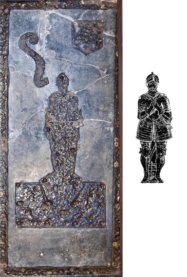 knight's tombstone with conjectural drawing of missing brass inlay