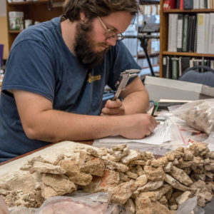 Archaeologist documenting mortar samples on a table