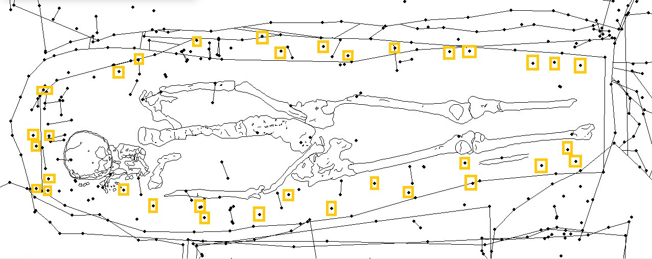 The location of coffin hardware (highlighted in yellow) found with a burial in the southern part of the chancel of Jamestown's third church.