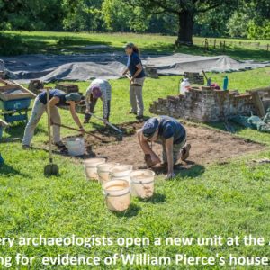 Archaeologists excavating with trowels and shovels