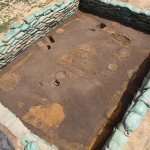 aerial view of a large excavation unit lined with sandbags and containing a variety of features