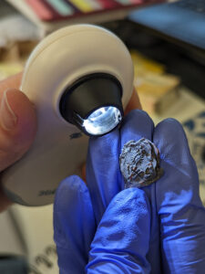 The lead seal. Note the "sun in splendour" and initials, all of which is on a shield.