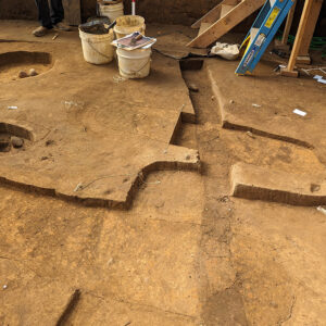 The palisade wall cutting through two of the burials. The post molds of the individual logs are scored to make them easier to see.