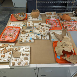 The Spanish olive jars in the Jamestown collection. Collections Assistant Lauren Stephens and Curatorial Intern Amanda Nedell are working to label, catalog, and then mend sherds from the same vessels.