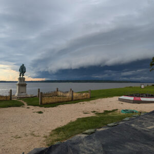 A storm approaches Jamestown from the southwest.