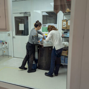 Associate Curator Emma Derry and Dr. Deborah Bolnick unpack bone samples for DNA processing.