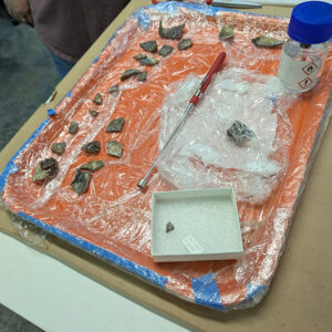 The newest-found sherd of a crucible sits in a box ready to be mended to the rest of the vessel that is in pieces on the orange tray. Because the new sherd couldn't be mended without first removing other pieces, Lauren used acetone to weaken the B-72 adhesive holding the vessel together.