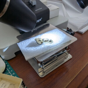 A copper alloy and leather object, likely horse furniture, under the microscope for conservation by Senior Conservator Dr. Chris Wilkins.