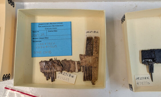 Three of the bone combs in the Jamestown collection