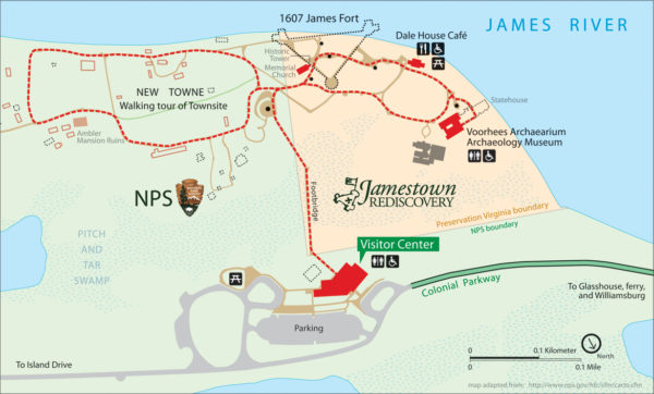 Map of Historic Jamestowne showing facilities and points of interest