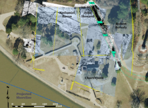 Several historic properties and their associated boundary features identified thus far. Ditches are highlighted in yellow, while the Great Road is marked in teal.