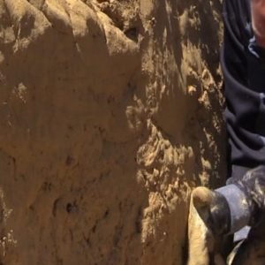 Archaeologist applying mud mixture to a low wall