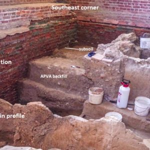 Notated features showing excavated floor and cellar in front of brick walls