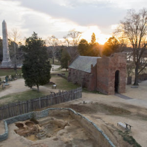 Sunrise over Jamestown with blacksmith shop/bakery excavations in the foreground