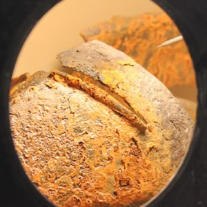 corroded close helmet viewed through the window of an air abrasion chamber