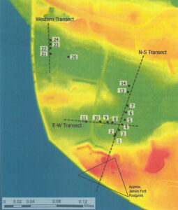 A digital elevation model of part of Jamestown Island showing vibracore sample locations