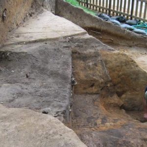 Archaeologist excavates trench next to fence