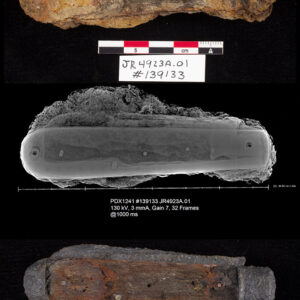 A knife found at Jamestown, probably from the late 19th or early 20th century. The top photo shows how it looked after being excavated by our archaeological team. The center image is an X-ray taken by Dr. Chris Wilkins, Archaeological Conservator. X-rays help inform the conservators' choices for treating the artifact. And the bottom photo shows the partially-conserved knife thanks to Chris' efforts.