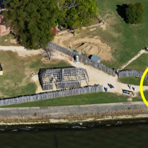 aerial view of James Fort site with circle demarcating current excavation area