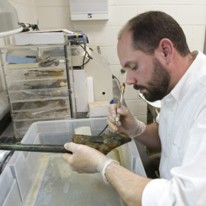 Director of Collections and Conservation Michael Lavin conserves the Roman flintlock pistol