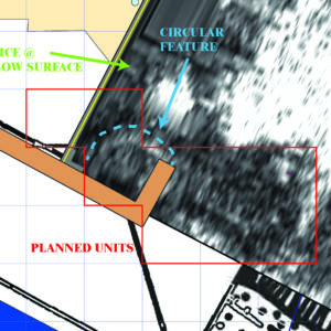 Digital map of ground penetrating radar survey results overlaid with planned areas of excavation