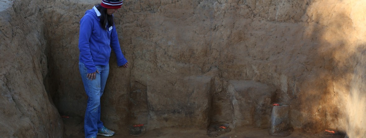 Archaeologist indicating features in an excavation unit wall