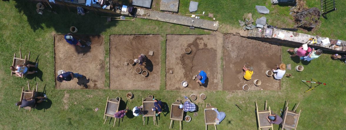 Aerial view of four excavation units