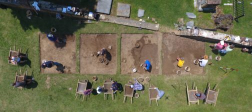 Aerial view of four excavation units