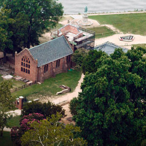 Aerial view of church and fort site